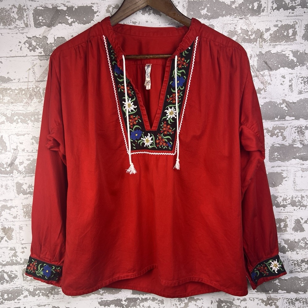 Vtg 70's Marke Wenet Swiss Alpine Poplin Peasant Top Sz 42 M/L Red Trachten Boho